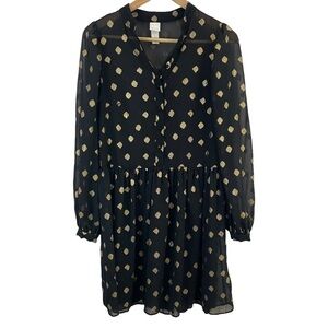 H&M Sheer Polkadot Button Up Blouse Women’s S Black Gold Tunic Holiday Christmas